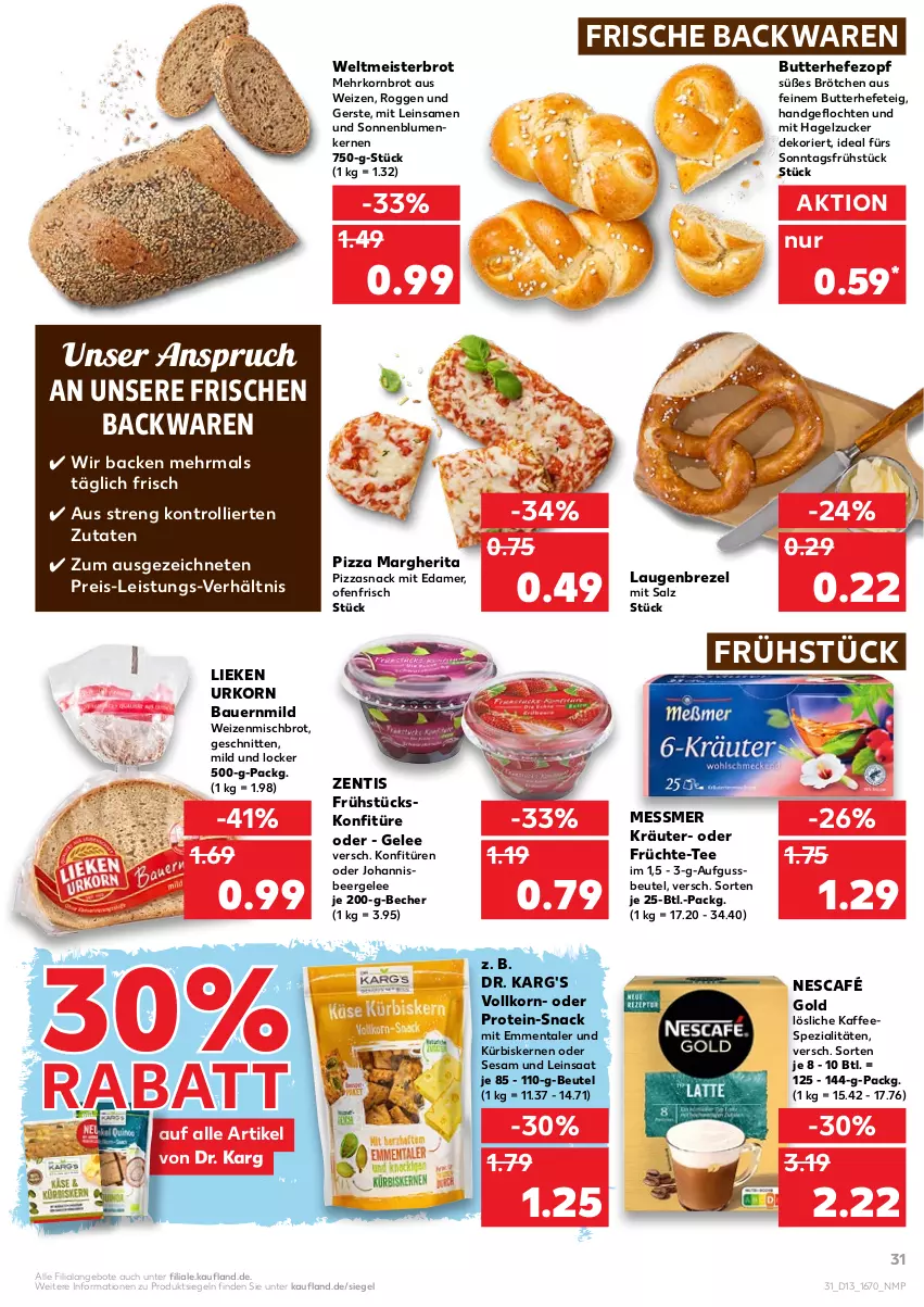 Aktueller Prospekt Kaufland - von 31.03 bis 06.04.2022 - strona 31 - produkty: angebot, angebote, auer, backwaren, Bau, Bauer, Becher, beutel, blume, blumen, brezel, brot, brötchen, butter, edamer, eis, emmentaler, frische backwaren, früchte, gelee, Hefe, kaffee, kaffeespezialitäten, konfitüre, konfitüren, korn, Kornbrot, kräuter, Kürbis, kürbiskerne, Laugenbrezel, lieken, margherita, Meister, Nescafé, nescafé gold, Ofen, pizza, reis, salz, schnitten, sesam, snack, sonnenblume, sonnenblumen, Sonnenblumenkerne, sonnenblumenkernen, Spezi, tee, Ti, trolli, urkorn, weizenmischbrot, weltmeisterbrot, zentis, zucker