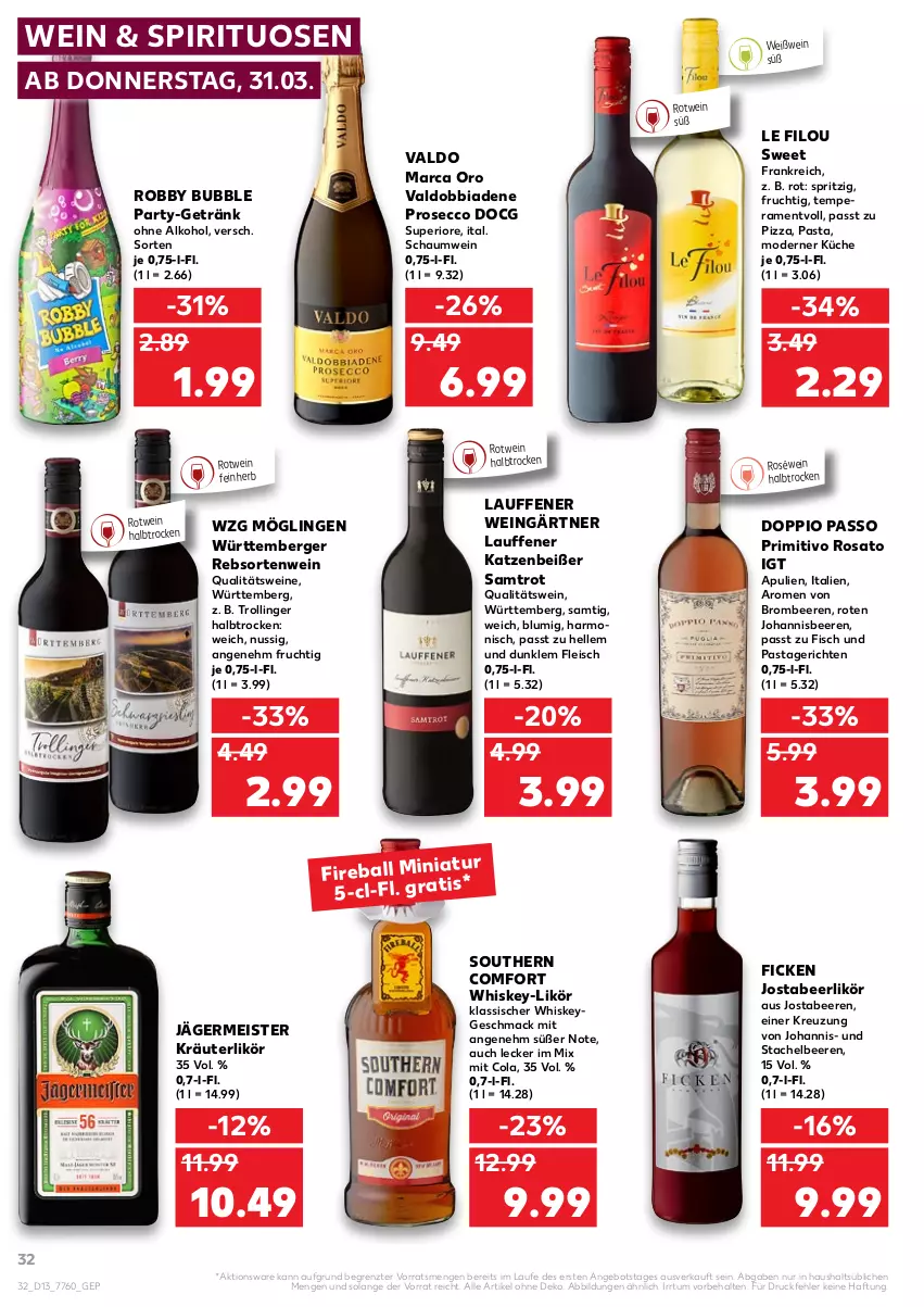 Aktueller Prospekt Kaufland - von 31.03 bis 06.04.2022 - strona 32 - produkty: alkohol, angebot, ball, beere, beeren, Berger, brombeere, brombeeren, cola, doppio passo, ecco, eis, elle, fisch, fleisch, frucht, Germ, getränk, jägermeister, johannisbeere, Johannisbeeren, kräuter, kräuterlikör, küche, likör, mac, Meister, Mode, nuss, ohne alkohol, passo, pasta, Pastagericht, pizza, primitivo, prosecco, qualitätswein, qualitätsweine, robby, rosato, roséwein, rotwein, Southern Comfort, spirituosen, Stachelbeeren, Ti, trolli, trollinger, valdo, wein, weine, Weißwein, whiskey, ZTE