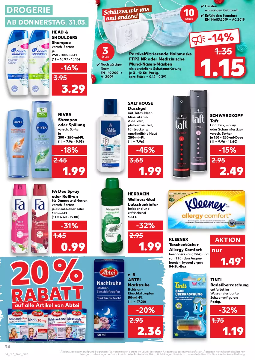 Aktueller Prospekt Kaufland - von 31.03 bis 06.04.2022 - strona 34 - produkty: Abtei, aloe vera, angebot, arla, Bad, cin, deo, deo spray, duschgel, FFP2, Haarlack, lack, Maske, nivea, oder schaumfestiger, Rauch, Ria, Roller, schaumfestiger, schwamm, schwarzkop, schwarzkopf, shampoo, shampoo oder spülung, spülung, Taft, Tasche, taschen, taschentücher, Ti, tücher, wasser, ZTE