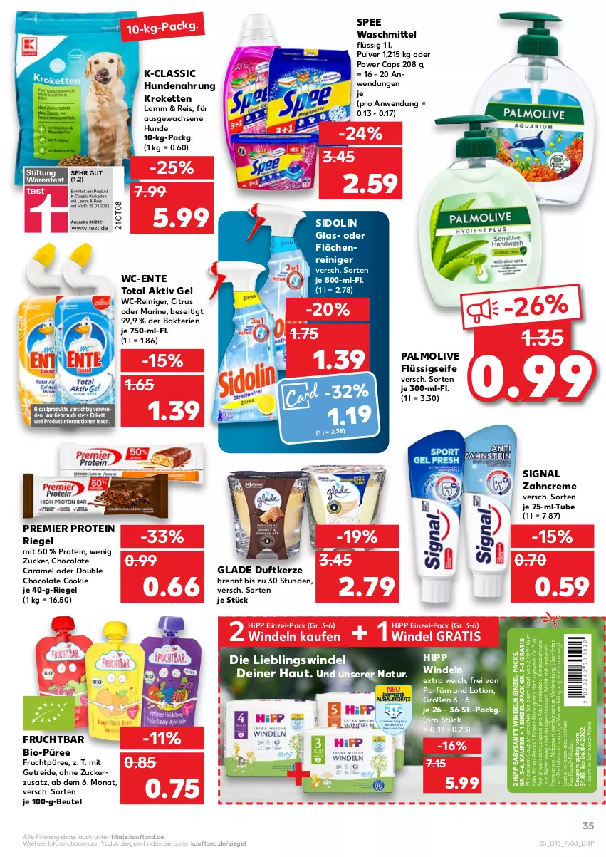 Aktueller Prospekt Kaufland - von 31.03 bis 06.04.2022 - strona 35 - produkty: aktiv gel, angebot, angebote, beutel, bio, Brei, Cap, caramel, citrus, cola, cookie, coupon, creme, Duftkerze, eis, ente, flüssigseife, frucht, Glade, gsw, hipp, hundenahrung, kerze, Kette, Kroketten, lamm, Lotion, natur, olive, palmolive, püree, reiniger, reis, riegel, Seife, sidolin, Signal, spee, Ti, waschmittel, wc-reiniger, windeln, zahncreme, zucker