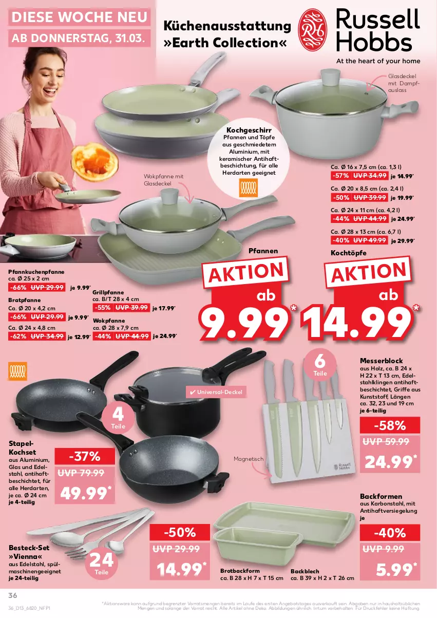 Aktueller Prospekt Kaufland - von 31.03 bis 06.04.2022 - strona 36 - produkty: angebot, Backform, besteck, besteck-set, bratpfanne, brot, decke, Deckel, edelstahl, geschirr, Glasdeckel, grill, Grillpfanne, herdarten, Holz, küche, kuchen, Küchen, messer, messerblock, pfanne, pfannen, Pfannkuchen, Pfau, spülmaschinen, Ti, tisch, wok, ZTE