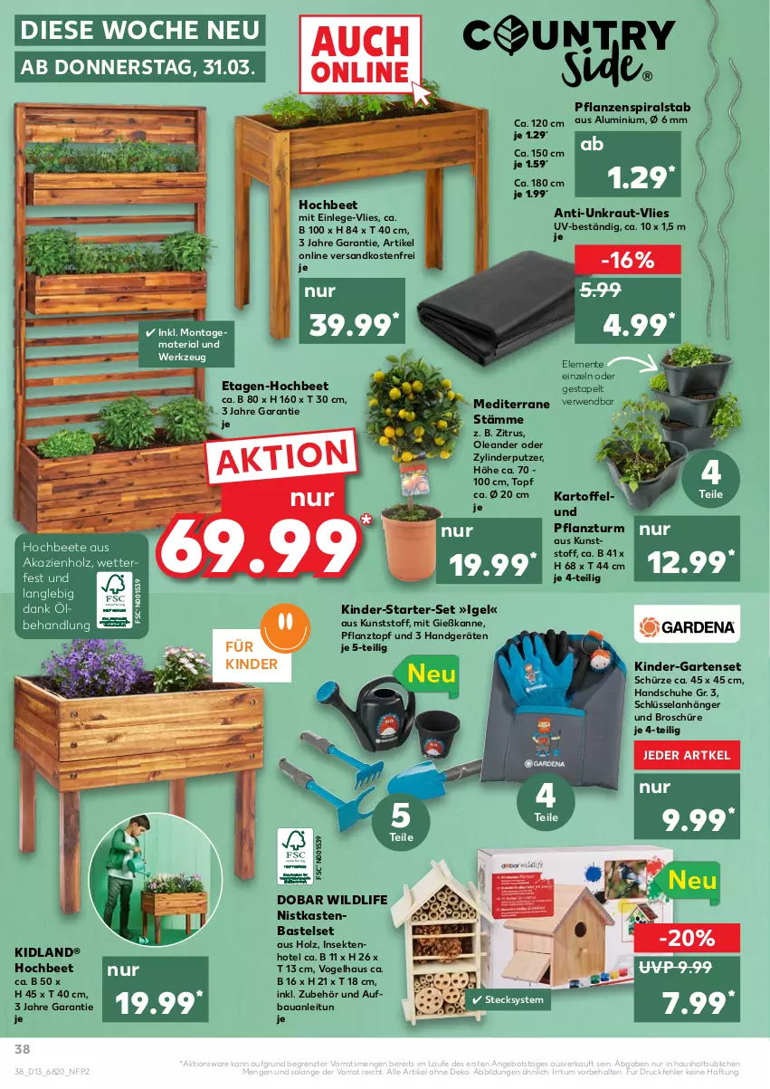 Aktueller Prospekt Kaufland - von 31.03 bis 06.04.2022 - strona 38 - produkty: angebot, Anhänger, Bau, Elan, ente, Garten, Gießkanne, handschuhe, Holz, kartoffel, Kinder, Kraut, ndk, pflanze, pflanzen, Pflanztopf, Ria, rwe, schuhe, Schürze, sekt, Ti, topf, versandkostenfrei, werkzeug, Wild, ZTE