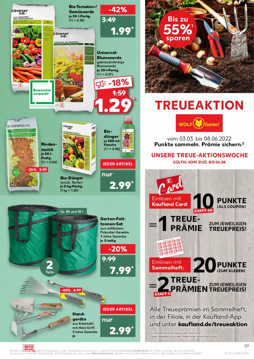 Aktueller Prospekt Kaufland - von 31.03 bis 06.04.2022 - strona 39 - produkty: angebot, angebote, auto, bio, blume, blumen, blumenerde, Brei, coupon, dünger, edelstahl, eis, elle, erde, flasche, Garten, Gemüseerde, gutschein, Holz, kraft, messer, pflanze, pflanzen, rasen, Rauch, reis, riegel, rind, rindenmulch, ring, rwe, schuhe, Teleskop, Ti, tisch, tomate, tomaten