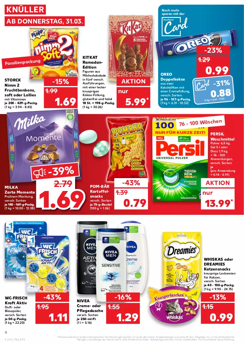 Aktueller Prospekt Kaufland - von 31.03 bis 06.04.2022 - strona 4 - produkty: angebot, beutel, bonbons, creme, Doppelkekse, dreamies, dusche, ente, frucht, kakao, kartoffel, katzensnack, katzensnacks, keks, kekse, kitkat, kraft, milch, milka, Nimm 2, nivea, oreo, persil, persil waschmittel, pflegedusche, pom-bär, pralinen, rama, schoko, schokolade, snack, snacks, storck, Ti, vita, Vitamine, waschmittel, whiskas, ZTE