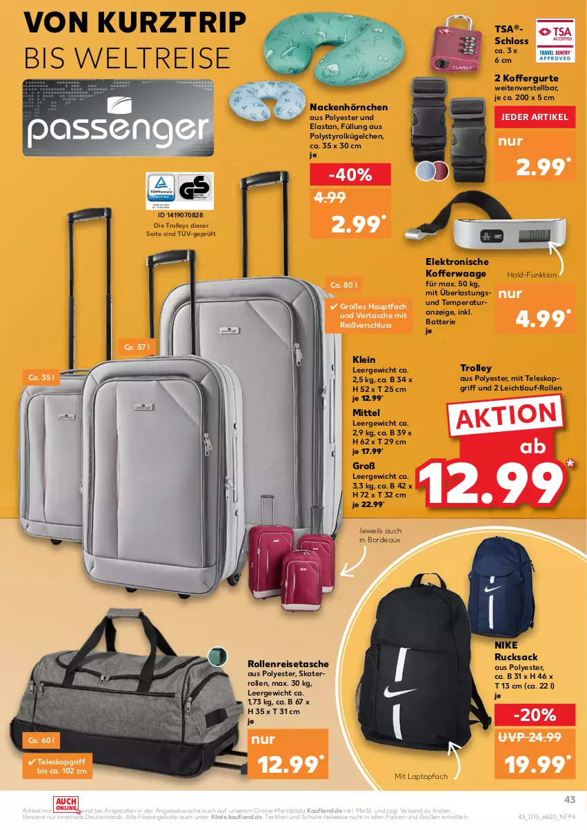 Aktueller Prospekt Kaufland - von 31.03 bis 06.04.2022 - strona 43 - produkty: angebot, angebote, batterie, eis, Elektro, hörnchen, koffer, Kofferwaage, Laptop, Nike, reis, reisetasche, rucksack, sac, schuhe, Tasche, Teleskop, Ti, topf, trolley, Waage