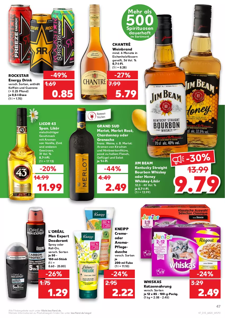 Aktueller Prospekt Kaufland - von 31.03 bis 06.04.2022 - strona 47 - produkty: angebot, angebote, auer, bourbon, bourbon whiskey, chantré, chardonnay, creme, deo, deodorant, drink, dusche, eis, elle, energy drink, fleisch, Geflügel, gewürz, grand sud, himbeer, Holz, jim beam, katzennahrung, kentucky straight, kirsch, kirsche, kirschen, kneipp, konfitüre, licor, licor 43, likör, mac, merl, merlot, pflegedusche, Rana, Rockstar, roll-on, rotwein, salat, spirituosen, Ti, tuc, vanille, wein, weinbrand, weine, whiskas, whiskey