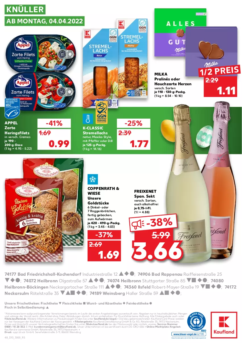 Aktueller Prospekt Kaufland - von 31.03 bis 06.04.2022 - strona 48 - produkty: alkohol, angebot, angebote, Astra, Bad, bio, brötchen, coppenrath, creme, drucker, eis, Engel, erde, feinkost, feinkosttheke, filet, filets, fisch, fischtheke, fleisch, freixenet, geback, Goldstücke, hering, Herings, heringsfilets, Käse, käsetheke, kerze, lachs, LG, milka, natur, pfeffer, reis, ring, roggenbrötchen, sekt, Ti, wein, wurst, ZTE