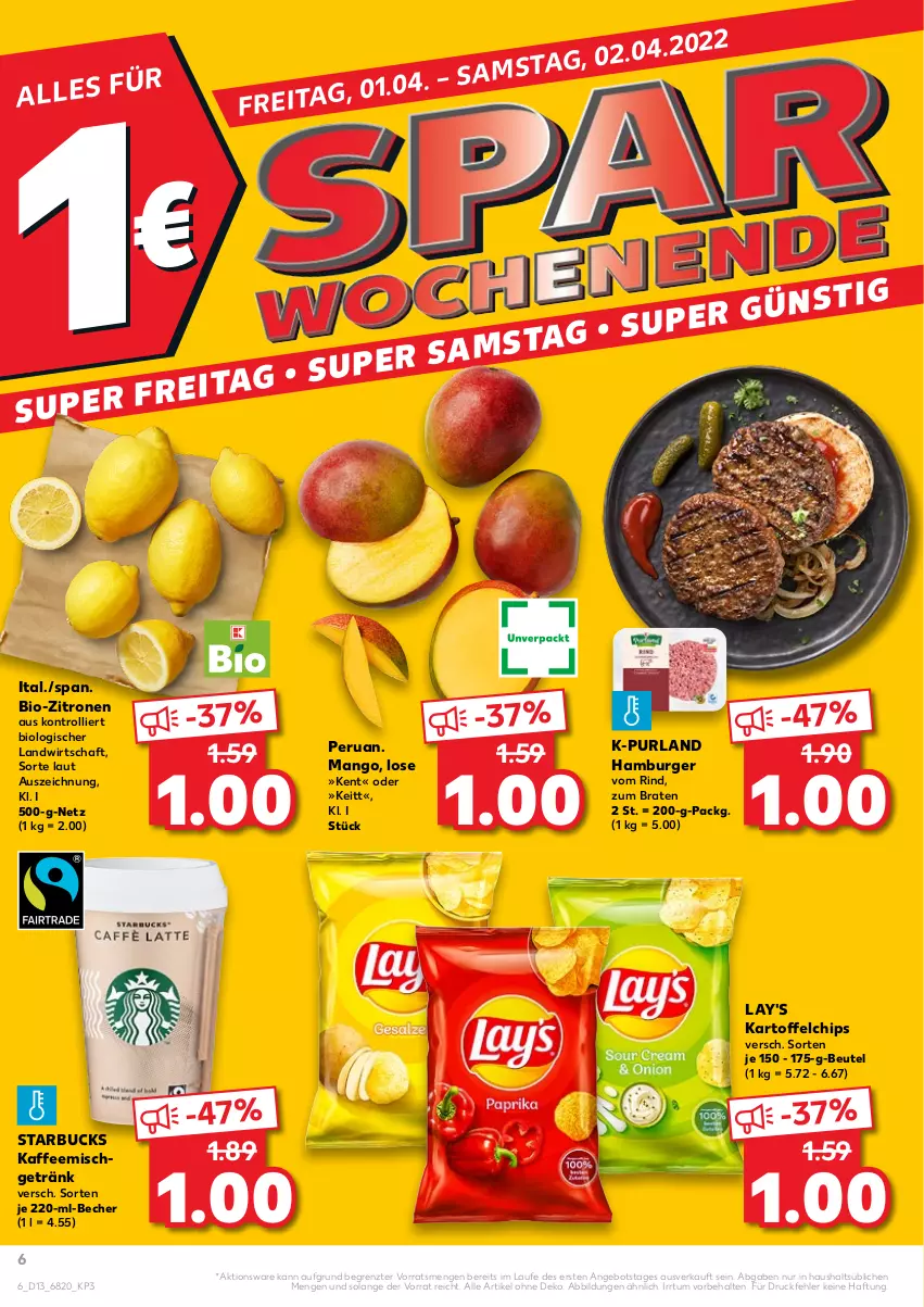 Aktueller Prospekt Kaufland - von 31.03 bis 06.04.2022 - strona 6 - produkty: angebot, Becher, beutel, bio, bio-zitronen, braten, burger, chips, getränk, hamburger, kaffee, kartoffel, kartoffelchips, lay's, mango, purland, rind, starbucks, Ti, trolli, zitrone, zitronen, ZTE