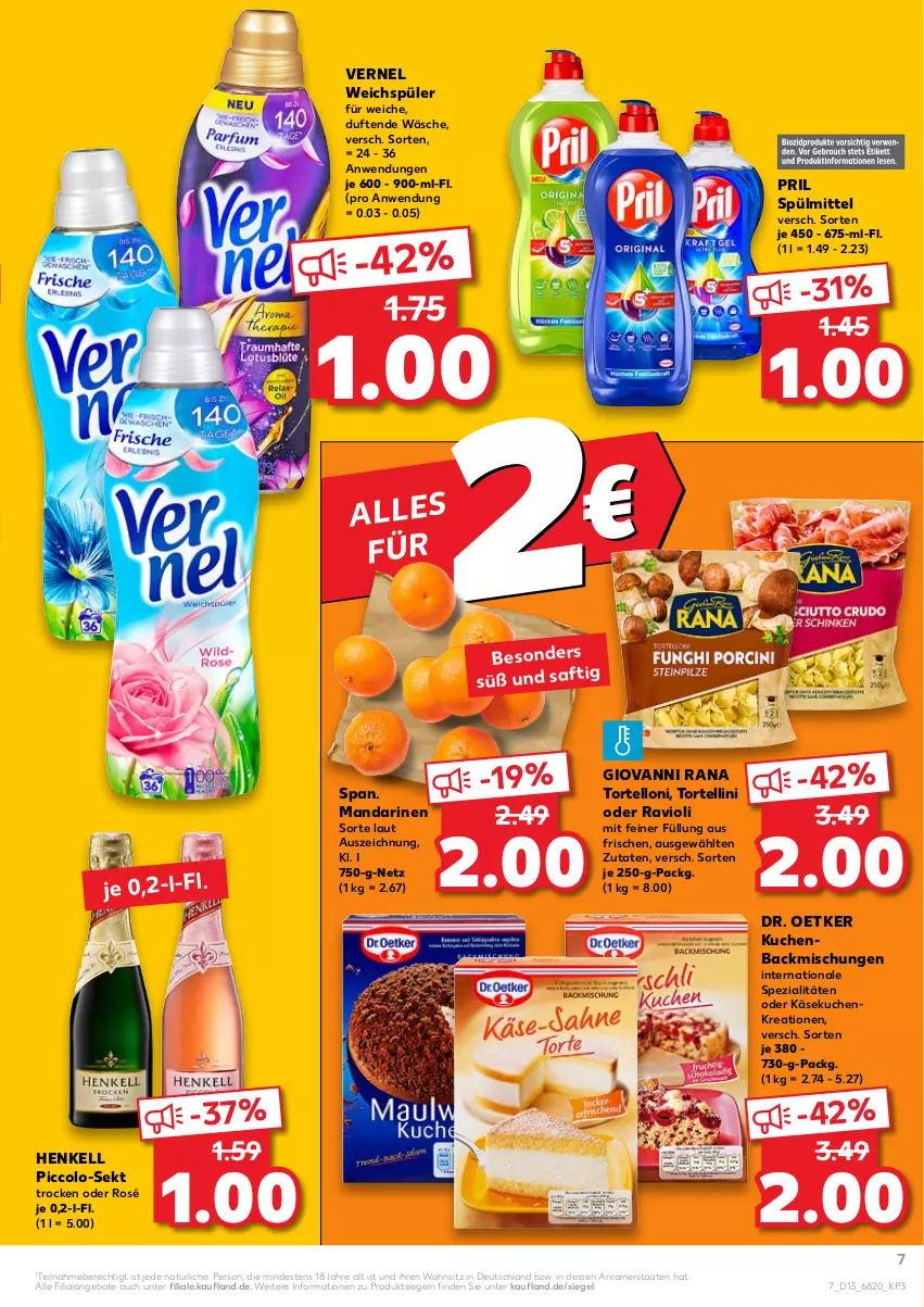 Aktueller Prospekt Kaufland - von 31.03 bis 06.04.2022 - strona 7 - produkty: angebot, angebote, backmischung, Backmischungen, Dr. Oetker, giovanni rana, henkel, henkell, Käse, käsekuchen, kuchen, mandarine, mandarinen, pril, Rana, ravioli, saft, sekt, Spezi, spülmittel, Ti, torte, tortellini, tortelloni, vernel, weichspüler