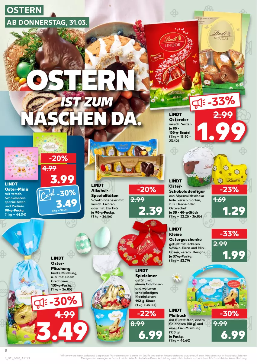 Aktueller Prospekt Kaufland - von 31.03 bis 06.04.2022 - strona 8 - produkty: alkohol, alpenmilch, angebot, beutel, buch, buntstifte, eier, eierlikör, eimer, leimer, leine, likör, lindt, Malbuch, milch, schoko, schokolade, schokoladen, Spezi, Spiele, stifte, Ti, ZTE