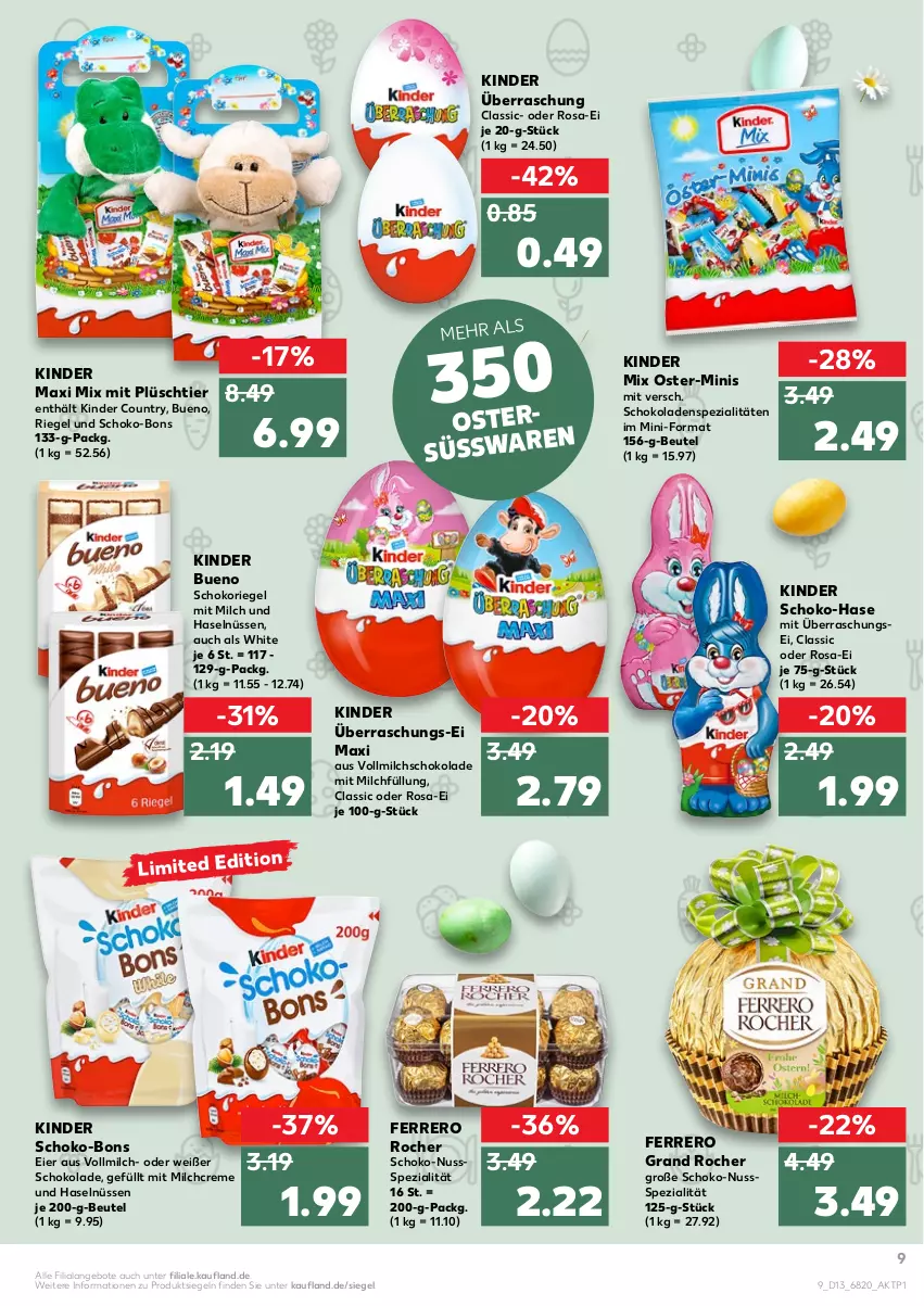 Aktueller Prospekt Kaufland - von 31.03 bis 06.04.2022 - strona 9 - produkty: angebot, angebote, beutel, creme, eier, ferrero, Ferrero Rocher, Kinder, kinder bueno, kinder country, Kinder Maxi, milch, nuss, Plüsch, riegel, schoko, schoko-bons, schokolade, schokoladen, schokoriegel, Spezi, Ti, vollmilch