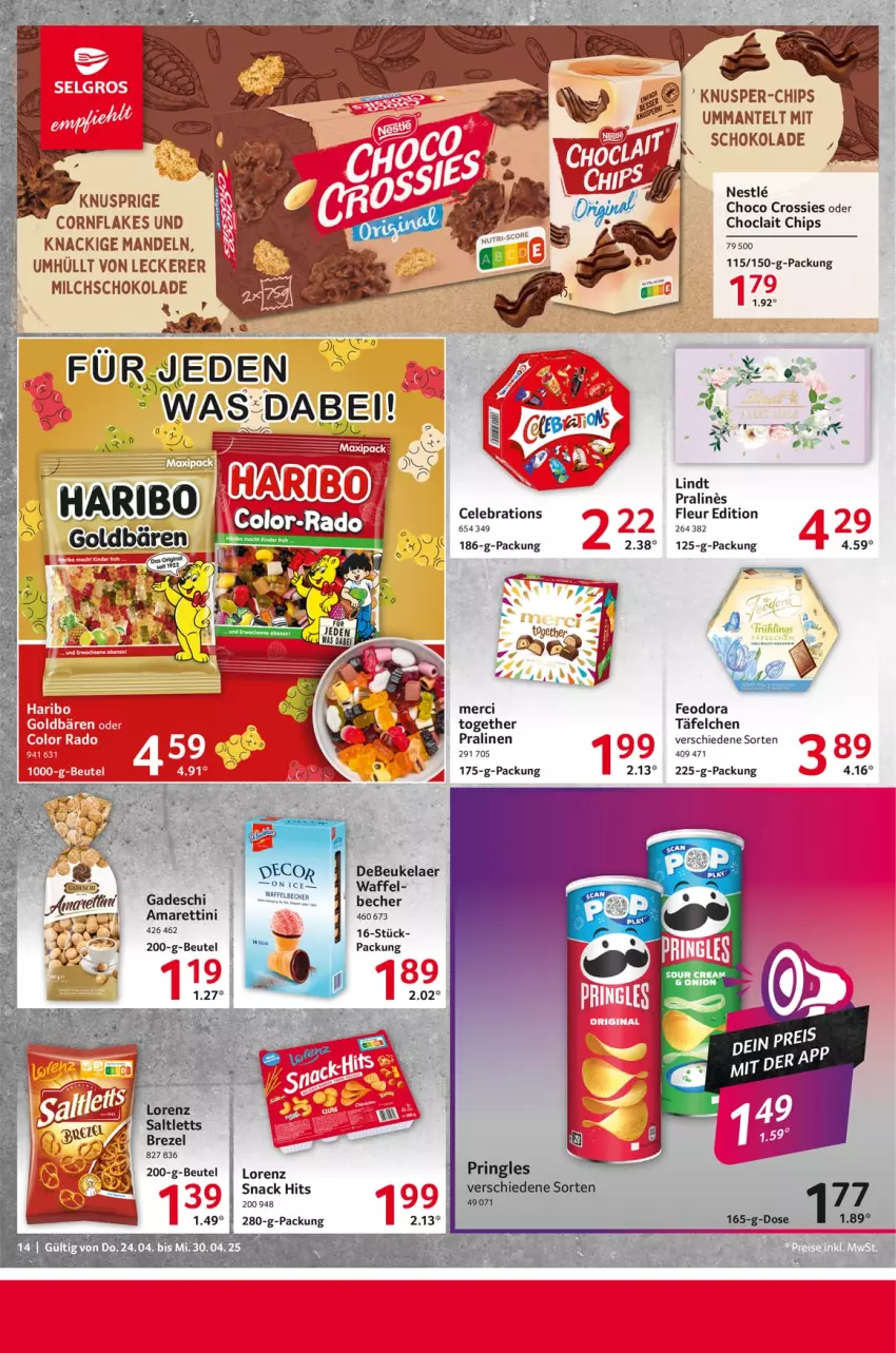 Aktueller Prospekt Selgros - Food - von 24.04 bis 30.04.2025 - strona 14 - produkty: Becher, beutel, chips, choclait chips, choco crossies, crossies, debeukelaer, decor, flakes, goldbären, lindt, lorenz, mandel, mandeln, Mantel, merci, milch, pralinen, rwe, schoko, schokolade, snack, snack hits, sour cream, Ti