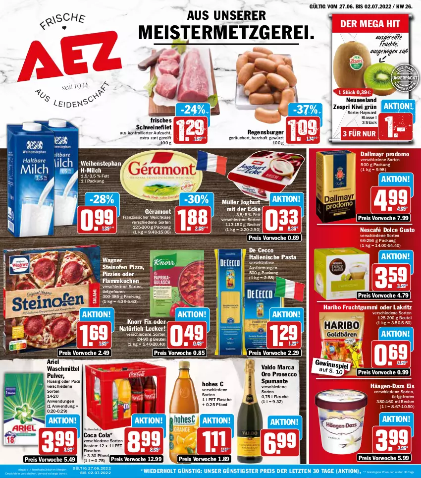 Aktueller Prospekt Aez - Prospekte - von 27.06 bis 02.07.2022 - strona 1 - produkty: ariel, ariel waschmittel, Becher, beutel, burger, cola, dallmayr, dallmayr prodomo, De Cecco, dolce gusto, ecco, eis, Elan, filet, flammkuchen, flasche, französischer weichkäse, frucht, früchte, fruchtgummi, géramont, gewürz, häagen-dazs, haribo, Hohes C, italienische pasta, joghur, joghurt, joghurt mit der ecke, Käse, kiwi, knorr, knorr fix, kuchen, Lakritz, lamm, Meister, milch, Müller, Nescafé, oder lakritz, Ofen, pasta, pizza, Pods, prodomo, prosecco, puma, regensburger, reis, schwein, schweine, schweinefilet, spumante, steinofen, steinofen pizza, Ti, trolli, valdo, wagner, waschmittel, weichkäse, weihenstephan, wein, weine, zespri, ZTE