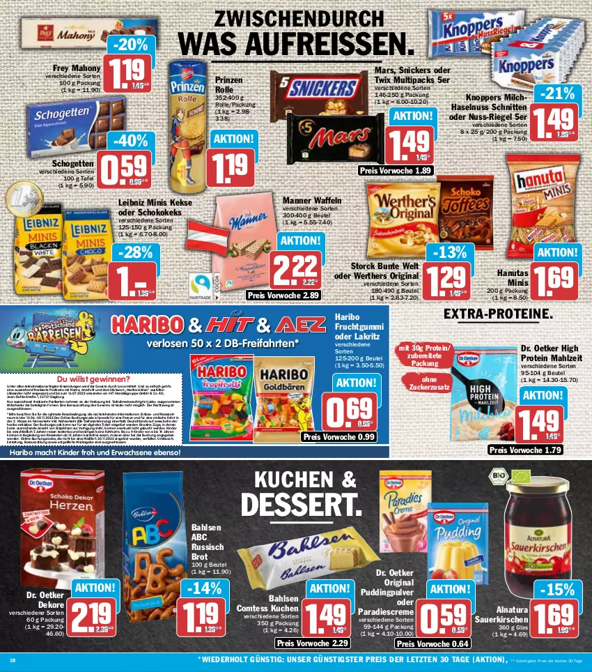 Aktueller Prospekt Aez - Prospekte - von 27.06 bis 02.07.2022 - strona 10 - produkty: auer, bahlsen, beutel, brot, buch, comtess, comtess kuchen, creme, dessert, Dr. Oetker, eis, erde, frucht, fruchtgummi, gin, hanuta, haribo, haselnuss, keks, kekse, Kinder, kirsch, kirsche, kirschen, knoppers, kuchen, Lakritz, leibniz, mac, Manner, mars, milch, natur, natura, nuss, oder lakritz, oder twix, prinzen rolle, pudding, reis, reiss, riegel, russisch brot, sauerkirschen, schnitten, schogetten, schoko, snickers, storck, Ti, twix, waffeln, ZTE, zucker