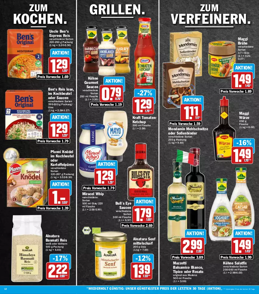 Aktueller Prospekt Aez - Prospekte - von 27.06 bis 02.07.2022 - strona 12 - produkty: balsam, balsamico, balsamico bianco, basmati, Basmati Reis, beutel, Brühe, eis, flasche, gin, grill, kartoffel, Kartoffelpüree, ketchup, Knödel, kochbeutel, korn, kraft, Kühne, maggi, maggi würze, mehl, miracel, miracel whip, Mode, mondamin, natur, natura, pfanni, püree, reis, rosato, salat, sauce, saucen, senf, Soße, Ti, Tipi, tomate, tomaten, tomatenketchup, ZTE