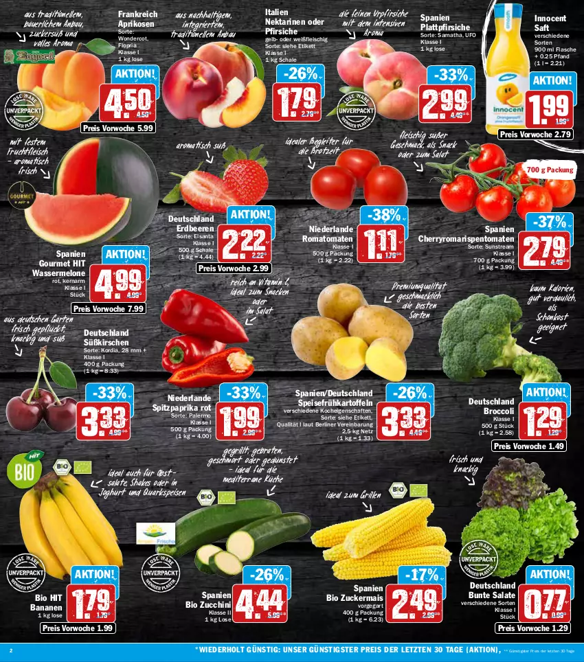 Aktueller Prospekt Aez - Prospekte - von 27.06 bis 02.07.2022 - strona 2 - produkty: aprikose, aprikosen, banane, bananen, Bau, beere, beeren, berliner, bio, bio hit, braten, broccoli, brot, bunte salate, eis, elle, erdbeere, erdbeeren, flasche, fleisch, frucht, fruchtfleisch, Frühkartoffeln, grill, ideal zum grillen, Innocent, joghur, joghurt, kartoffel, kartoffeln, kirsch, kirsche, kirschen, küche, mac, mais, melone, Nektar, nektarinen, nektarinen oder, obst, oder pfirsiche, paprika, paprika rot, pfirsich, pfirsiche, plattpfirsiche, quark, reis, Ria, rispentomaten, Romatomaten, saft, salat, salate, Schal, Schale, shake, snack, speisefrühkartoffeln, Spitzpaprika, Ti, tisch, tomate, tomaten, vita, Vitamin C, wasser, wassermelone, ZTE, zucchini, zucker, zuckermais