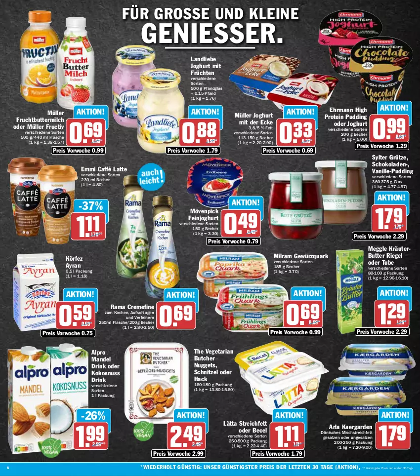 Aktueller Prospekt Aez - Prospekte - von 27.06 bis 02.07.2022 - strona 8 - produkty: alpro, arla, Ayran, becel, Becher, butter, buttermilch, caffè latte, creme, drink, ehrmann, eis, emmi, feinjoghurt, flasche, frucht, früchte, früchten, gewürz, gewürzquark, grütze, joghur, joghurt, joghurt mit der ecke, kokos, kokosnuss, kräuter, kräuterbutter, landliebe, landliebe joghurt, lätta, latte, leine, mandel, meggle, milch, milram, mövenpick, Müller, nuggets, nuss, pudding, quark, rama, rama cremefine, reis, Ria, riegel, salz, schnitzel, schoko, schokolade, schokoladen, Sylter, The Vegetarian Butcher, Ti, vanille, Vegeta, ZTE