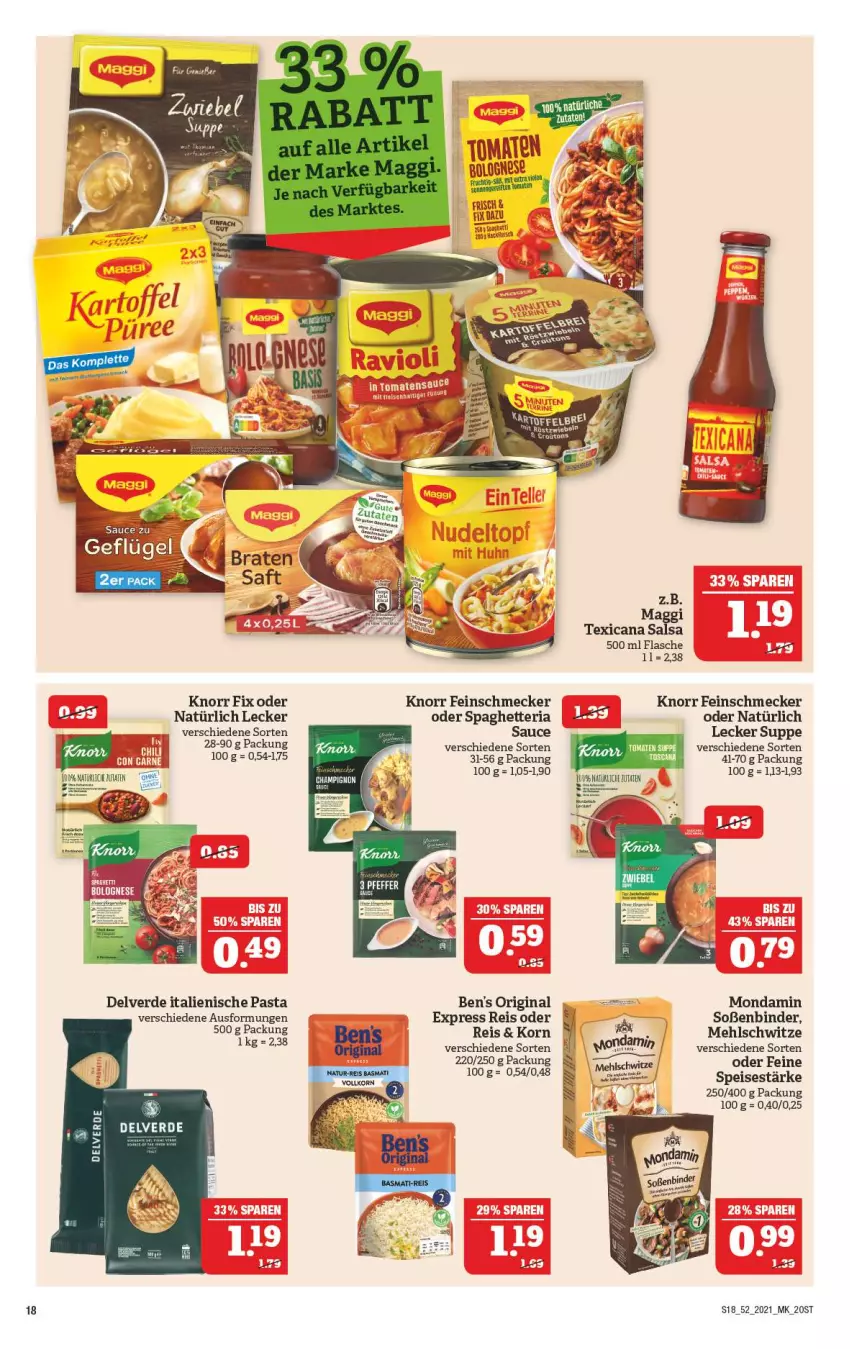 Aktueller Prospekt Marktkauf - Prospekt - von 27.12 bis 31.12.2021 - strona 18 - produkty: eis, erde, feinschmecker, flasche, gin, italienische pasta, knorr, knorr fix, korn, maggi, mehl, mondamin, pasta, reis, Ria, Salsa, sauce, Soße, spaghetti, suppe, texicana, Texicana Salsa, Ti, tomate, tomaten