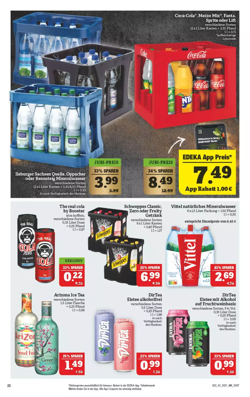 Aktueller Prospekt Marktkauf - Prospekt - von 27.12 bis 31.12.2021 - strona 22 - produkty: aktionspreis, alkohol, Alwa, burger, coca-cola, cola, coupon, coupons, deka, eis, eistee, elle, fanta, flasche, frucht, getränk, ice tea, limo, limonade, Mezzo Mix, mineralwasser, natürliches mineralwasser, nuss, reis, sac, schweppes, sprite, tee, Ti, vittel, wasser, wein