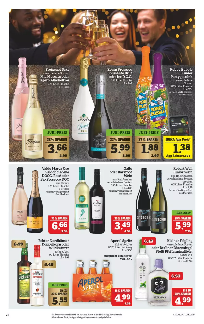 Aktueller Prospekt Marktkauf - Prospekt - von 27.12 bis 31.12.2021 - strona 24 - produkty: aktionspreis, alkohol, aperol, berliner, bio, brut, coupon, coupons, deka, doppelkorn, ecco, eis, flasche, freixenet, gallo, getränk, Kinder, kleiner feigling, korn, kräuter, leine, likör, nuss, pfeffer, pfefferminzlikör, prosecco, puma, reis, robby, sekt, spumante, Ti, valdo, wein, Wild, zonin