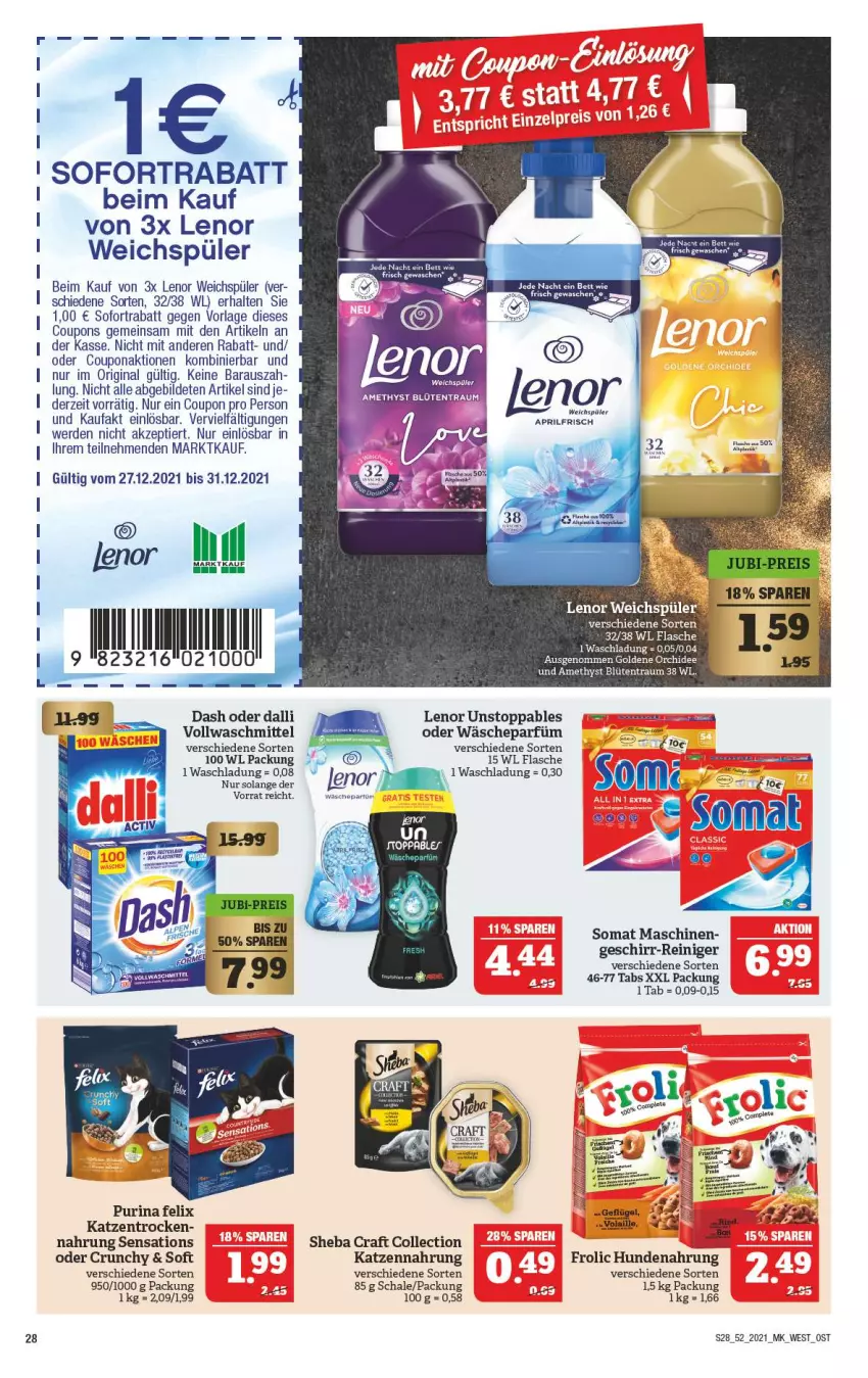 Aktueller Prospekt Marktkauf - Prospekt - von 27.12 bis 31.12.2021 - strona 28 - produkty: bett, Blüte, coupon, coupons, dalli, erde, felix, flasche, frolic, geschirr, gin, hundenahrung, katzennahrung, lenor, lenor weichspüler, orchidee, purina, reiniger, sensations, sheba, sofortrabatt, somat, Ti, vollwaschmittel, wäscheparfüm, waschmittel, weichspüler