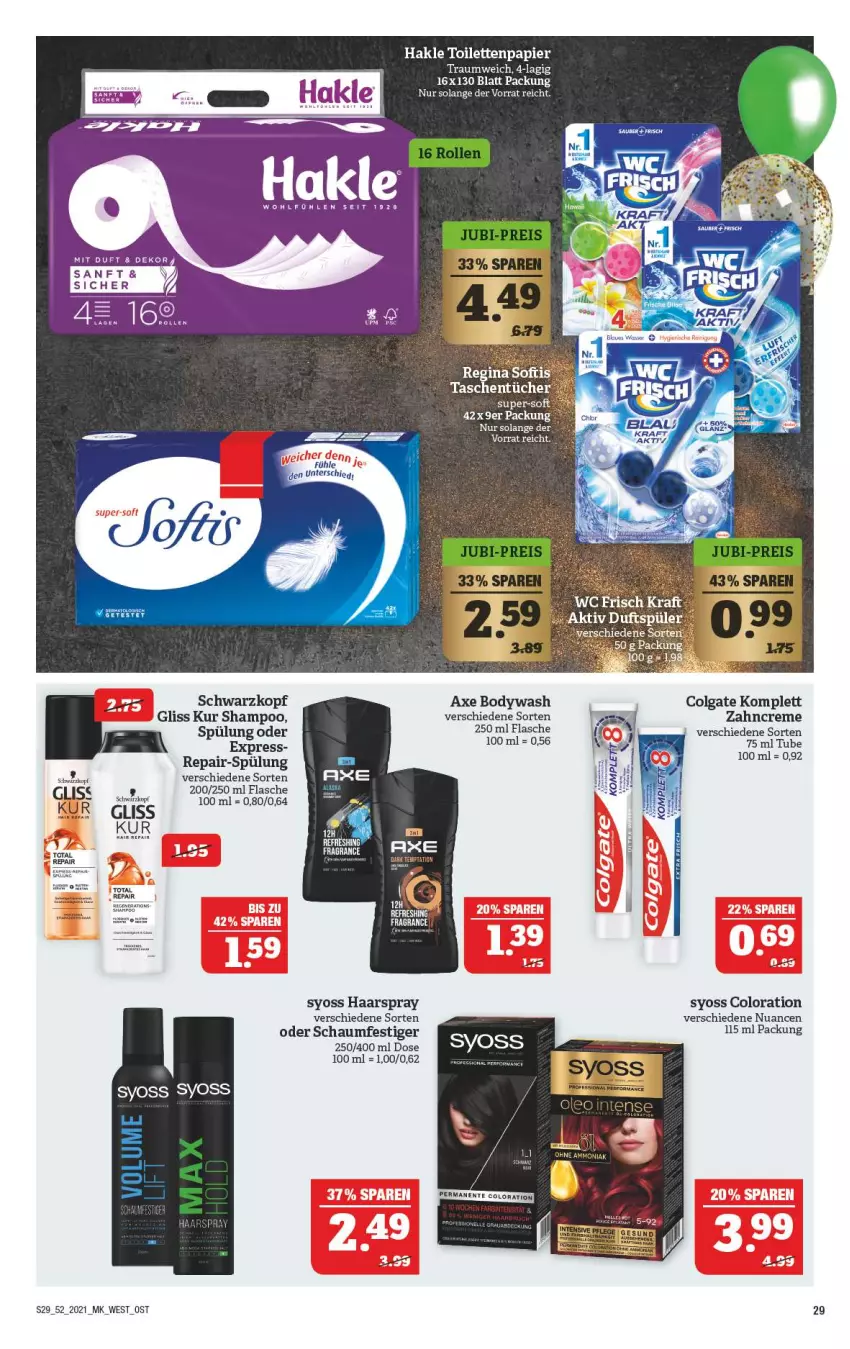 Aktueller Prospekt Marktkauf - Prospekt - von 27.12 bis 31.12.2021 - strona 29 - produkty: axe, body, colgate, creme, flasche, gliss, gliss kur, haarspray, hakle, hakle toilettenpapier, LG, Nuance, oder schaumfestiger, papier, schaumfestiger, schwarzkop, schwarzkopf, shampoo, spülung, syoss, Ti, toilettenpapier, Yo, zahncreme