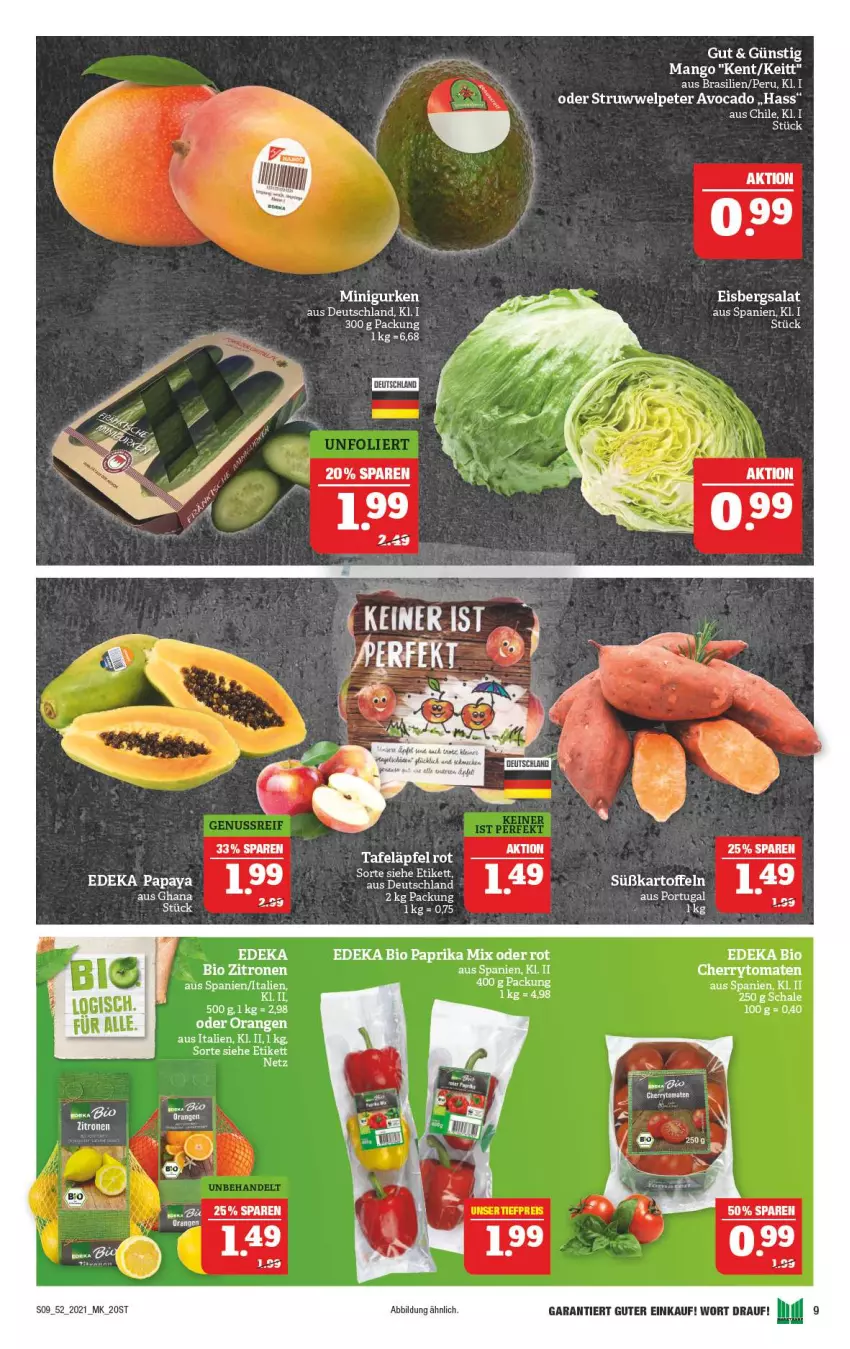 Aktueller Prospekt Marktkauf - Prospekt - von 27.12 bis 31.12.2021 - strona 9 - produkty: apfel, avocado, bio, cherrytomaten, deka, edeka bio, eis, eisbergsalat, leine, mango, orange, orangen, salat, Schal, Schale, tafeläpfel, Ti, tomate, tomaten, zitrone, zitronen