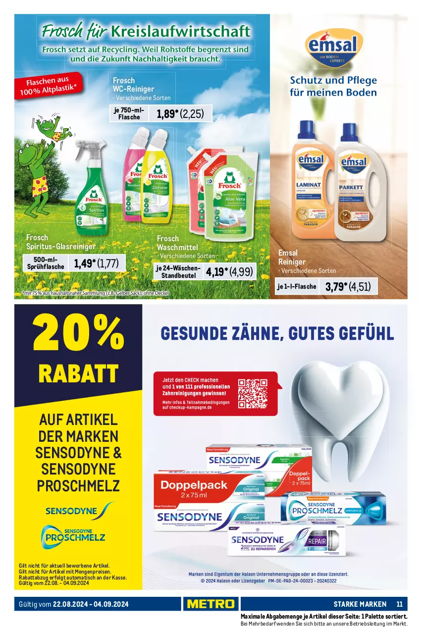 Aktueller Prospekt Metro - Starke Marken - von 22.08 bis 04.09.2024 - strona 11 - produkty: allzweckreiniger, ariel, auto, beutel, eis, emsa, fairy, flasche, Frosch, Glasreiniger, Kalkreiniger, lenor, LG, Meister, meister proper, Palette, Pods, reiniger, reis, sensodyne, spiritus, sprühflasche, spülmittel, swiffer, Ti, tisch, vollwaschmittel, wäscheparfüm, waschmittel, wc-reiniger, weck