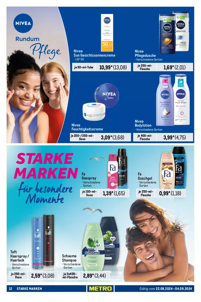 Aktueller Prospekt Metro - Starke Marken - von 22.08 bis 04.09.2024 - strona 12 - produkty: arla, body, bodylotion, creme, deo, deospray, dusche, duschgel, fa duschgel, feuchtigkeitscreme, flasche, Haarlack, haarspray, lack, Lotion, nivea, nivea sun, pflegedusche, schauma, schauma shampoo, shampoo, sonnencreme, Taft, Ti