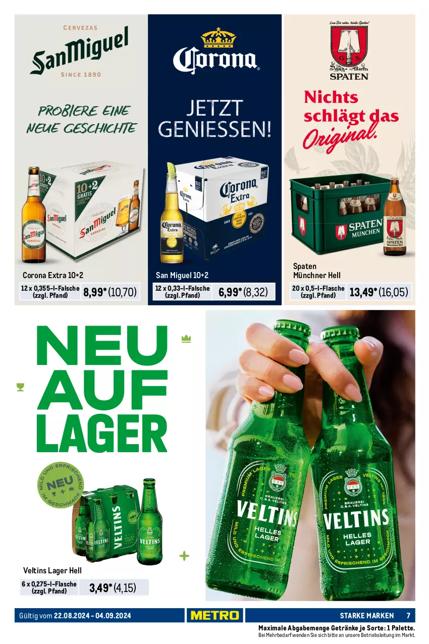 Aktueller Prospekt Metro - Starke Marken - von 22.08 bis 04.09.2024 - strona 7 - produkty: auer, corona, corona extra, eis, flasche, getränk, getränke, Havana Club, lillet, limo, mango, Palette, rama, ramazzott, ramazzotti, reis, Spaten, Ti, tuc, veltins, zott