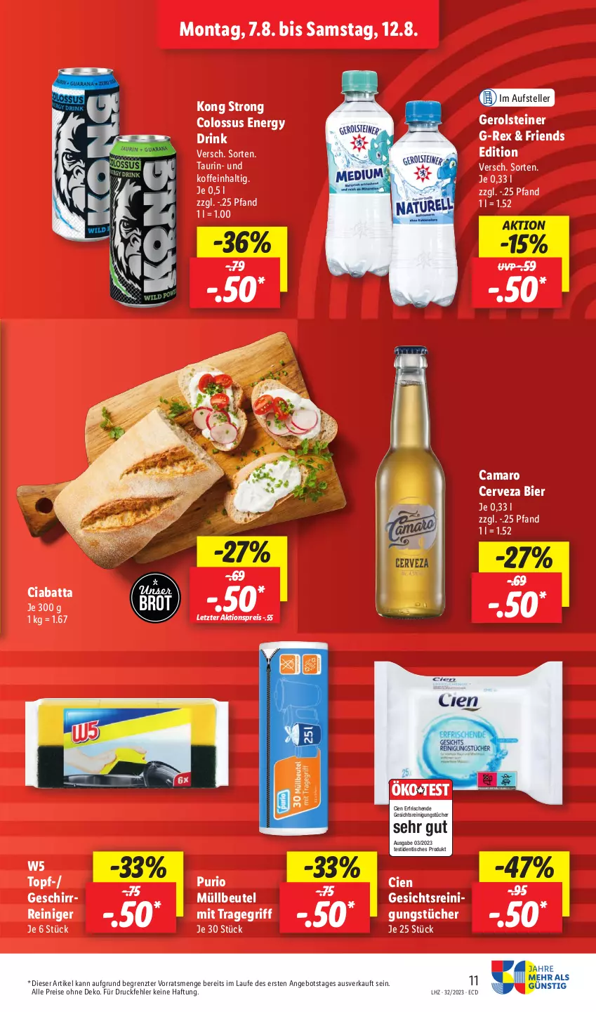 Aktueller Prospekt Lidl - Aktionsprospekt - von 07.08 bis 12.08.2023 - strona 11 - produkty: aktionspreis, amaro, angebot, beutel, bier, brot, ciabatta, Cien, drink, eis, elle, energy drink, gerolsteine, gerolsteiner, geschirr, müllbeutel, reiniger, Reinigung, reinigungstücher, reis, steiner, teller, Ti, tisch, topf, tragegriff, tücher, ZTE