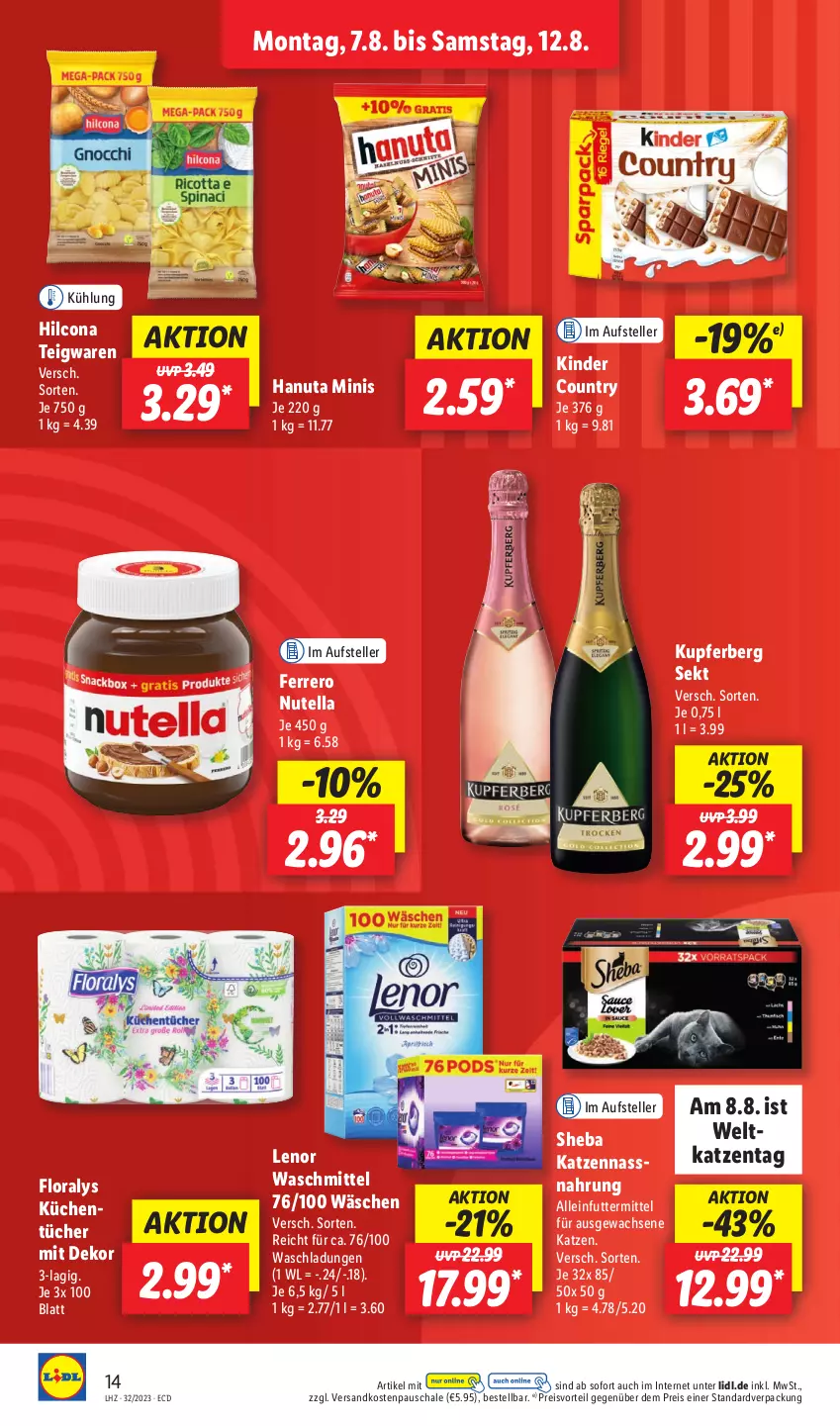 Aktueller Prospekt Lidl - Aktionsprospekt - von 07.08 bis 12.08.2023 - strona 14 - produkty: alleinfuttermittel, eis, elle, ferrero, Floralys, hanuta, hilcona, Kinder, kinder country, küche, Küchen, küchentücher, lenor, lenor waschmittel, Nassnahrung, ndk, nutella, preisvorteil, reis, Schal, Schale, sekt, sheba, teigwaren, teller, Ti, tücher, waschmittel