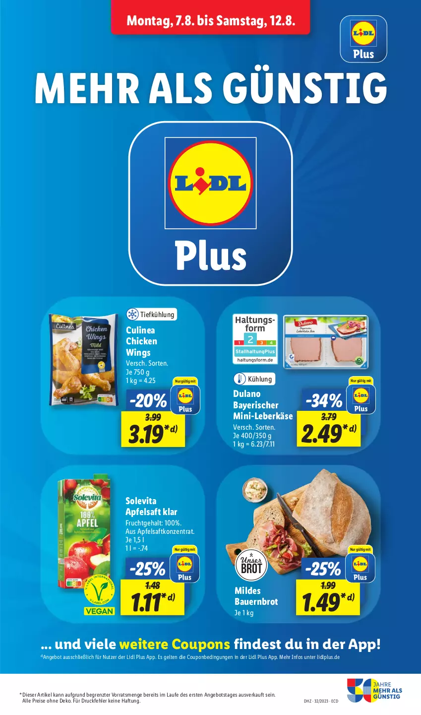 Aktueller Prospekt Lidl - Aktionsprospekt - von 07.08 bis 12.08.2023 - strona 17 - produkty: angebot, apfel, apfelsaft, auer, Bau, Bauer, brot, chicken wings, coupon, coupons, dulano, eis, frucht, Käse, leberkäs, leberkäse, reis, saft, Ti, vita, ZTE