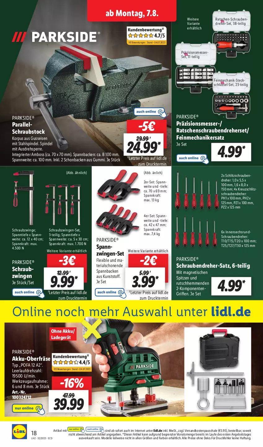 Aktueller Prospekt Lidl - Aktionsprospekt - von 07.08 bis 12.08.2023 - strona 20 - produkty: akku, angebot, boss, dell, eis, elle, ente, kraft, ladegerät, messer, Messerset, Mode, ndk, Nike, Oberfräse, Parkside, reis, Ria, Schal, Schale, schrauben, Schraubendreher, Ti, tisch, werkzeug, ZTE