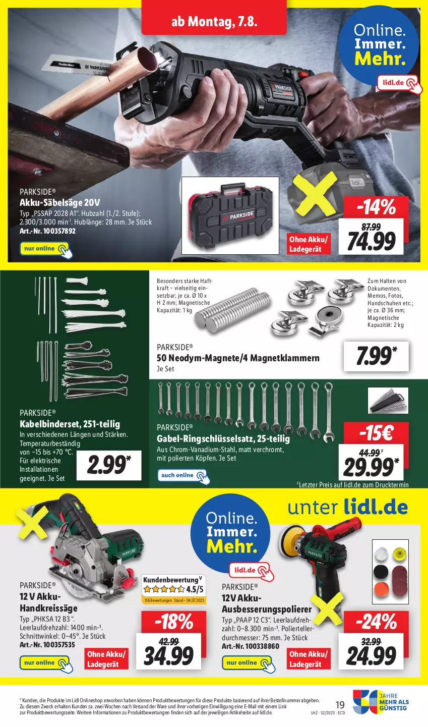 Aktueller Prospekt Lidl - Aktionsprospekt - von 07.08 bis 12.08.2023 - strona 21 - produkty: akku, Akku-Säbelsäge, eis, elle, ente, gabel, Handkreissäge, handschuhe, Kabelbinderset, Klammern, kraft, ladegerät, lamm, messer, ndk, Parkside, reis, reiss, ring, Säbelsäge, säge, schuhe, teller, Ti, tisch, usb, weck, ZTE