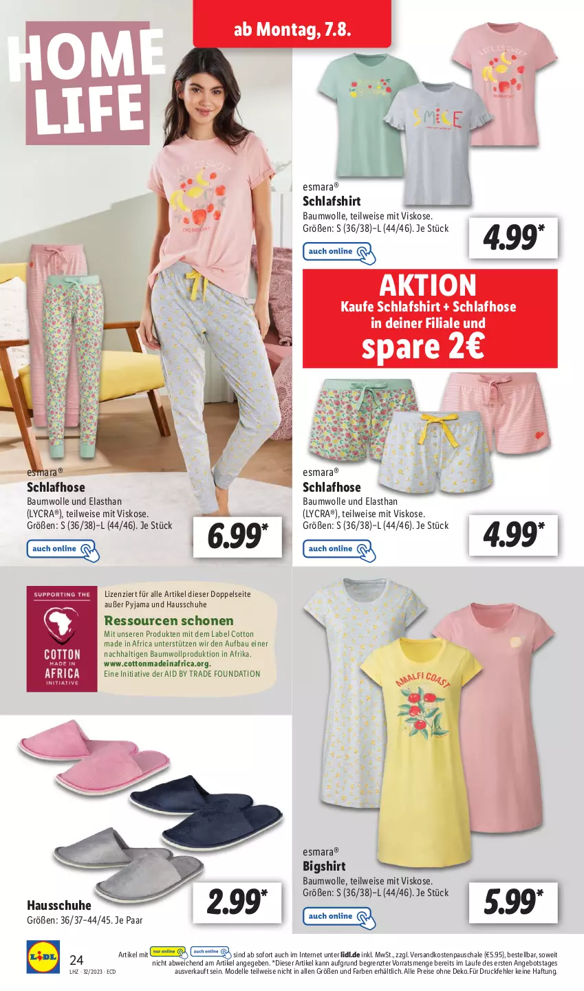 Aktueller Prospekt Lidl - Aktionsprospekt - von 07.08 bis 12.08.2023 - strona 26 - produkty: angebot, Bau, baumwolle, dell, eis, elle, esmara, Hausschuhe, hose, Mode, ndk, Pyjama, reis, Schal, Schale, Schlafhose, schuhe, shirt, Ti, wolle, ZTE