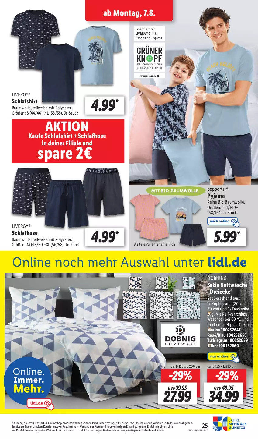 Aktueller Prospekt Lidl - Aktionsprospekt - von 07.08 bis 12.08.2023 - strona 27 - produkty: Bau, baumwolle, bett, bettwäsche, bio, bio-baumwolle, decke, eis, Ergee, hose, kissen, kopfkissen, livergy, mit bio-baumwolle, Pyjama, Ria, Schlafhose, shirt, Ti, Trockner, weck, wolle