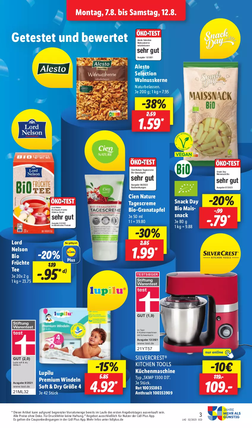 Aktueller Prospekt Lidl - Aktionsprospekt - von 07.08 bis 12.08.2023 - strona 3 - produkty: alesto, angebot, apfel, beutel, bio, Cien, coupon, creme, eis, früchte, grana, granatapfel, küche, Küchen, küchenmaschine, lupilu, mais, Maus, natur, nuss, Rana, reis, silvercrest, snack, tagescreme, tee, Ti, tisch, walnuss, walnusskerne, windeln, ZTE