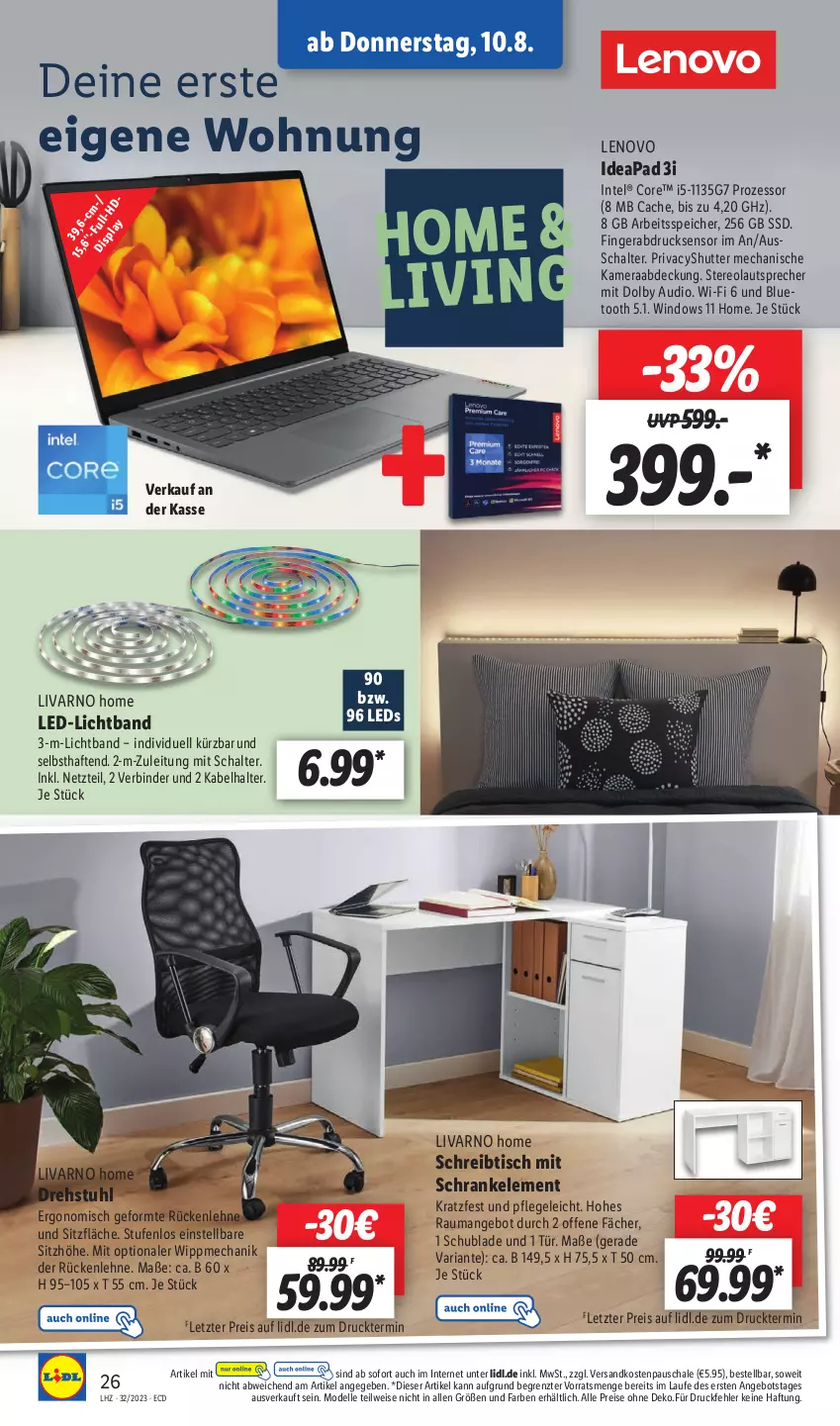 Aktueller Prospekt Lidl - Aktionsprospekt - von 07.08 bis 12.08.2023 - strona 30 - produkty: angebot, dell, drehstuhl, eis, elle, fingerabdrucksensor, Intel, kamera, lautsprecher, led-licht, leds, lenovo, Mode, ndk, reis, Ria, Schal, Schale, Schrank, schreibtisch, Sitzhöhe, ssd, stuhl, Ti, tisch, ZTE