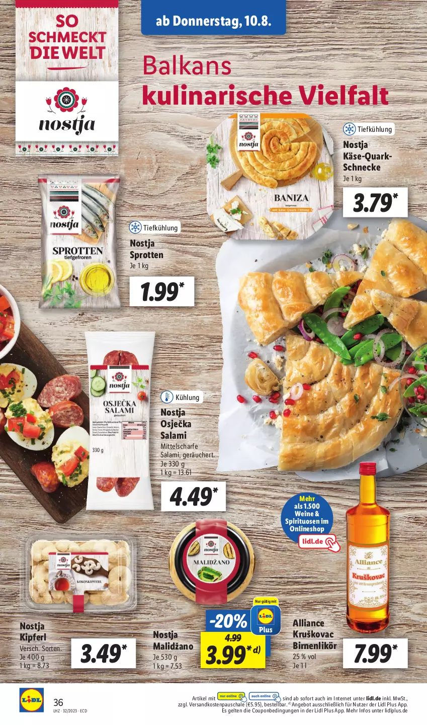 Aktueller Prospekt Lidl - Aktionsprospekt - von 07.08 bis 12.08.2023 - strona 44 - produkty: angebot, Birnen, coupon, Käse, likör, ndk, quark, salami, Schal, Schale, spirituosen, Sprotten, Ti, wein, weine