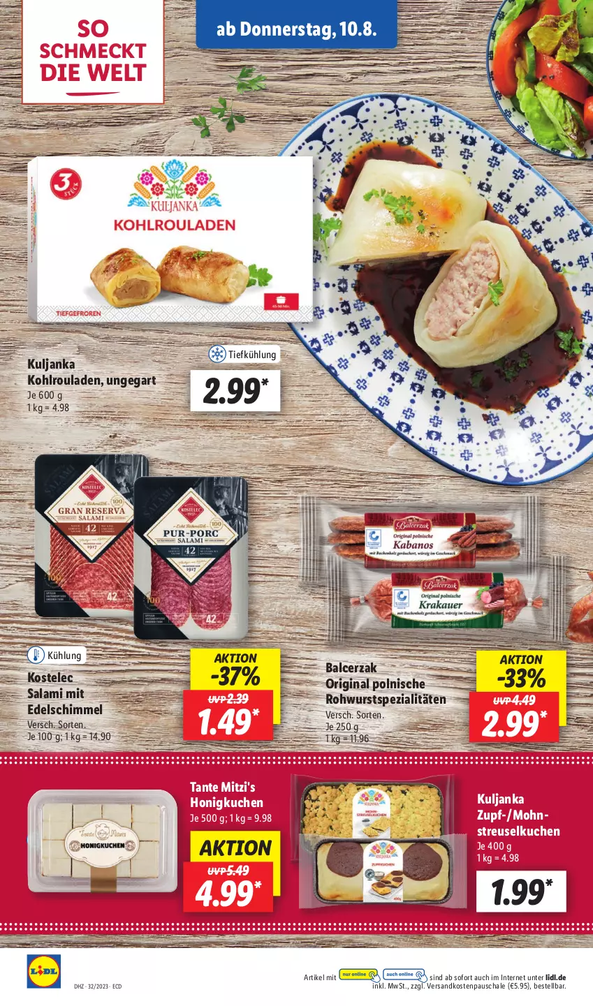 Aktueller Prospekt Lidl - Aktionsprospekt - von 07.08 bis 12.08.2023 - strona 46 - produkty: gin, honig, Kohlrouladen, kuchen, ndk, Rohwurst, rouladen, salami, Schal, Schale, Spezi, Streuselkuchen, Ti, wurst