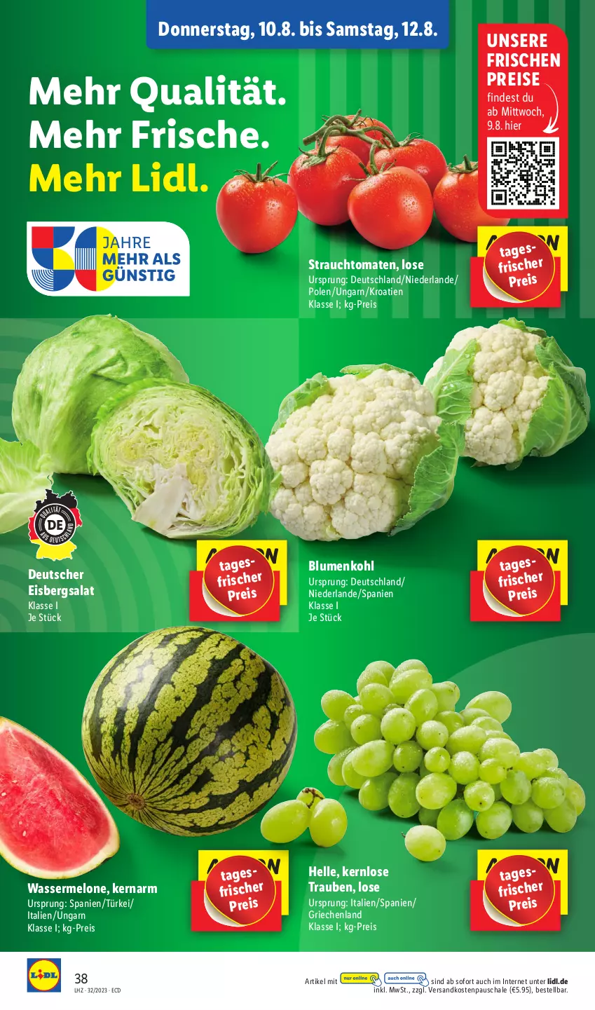 Aktueller Prospekt Lidl - Aktionsprospekt - von 07.08 bis 12.08.2023 - strona 48 - produkty: blume, blumen, blumenkohl, eis, eisbergsalat, elle, melone, ndk, Rauch, reis, salat, Schal, Schale, strauchtomaten, Ti, tomate, tomaten, trauben, wasser, wassermelone