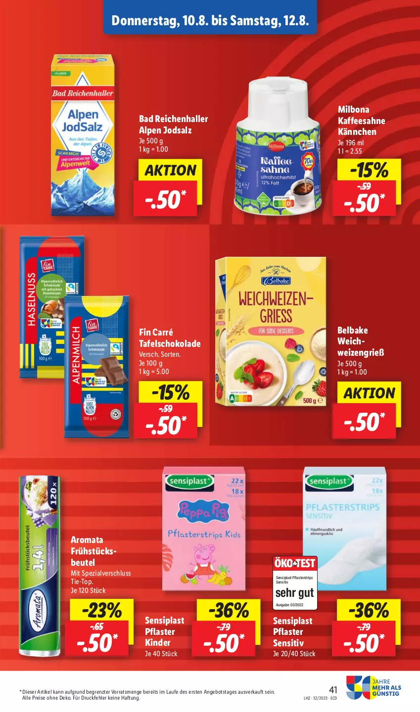 Aktueller Prospekt Lidl - Aktionsprospekt - von 07.08 bis 12.08.2023 - strona 51 - produkty: angebot, Bad, beutel, Bona, eis, kaffee, Kinder, Milbona, pflaster, reis, sahne, salz, schoko, schokolade, Spezi, tafelschokolade, Ti, ZTE