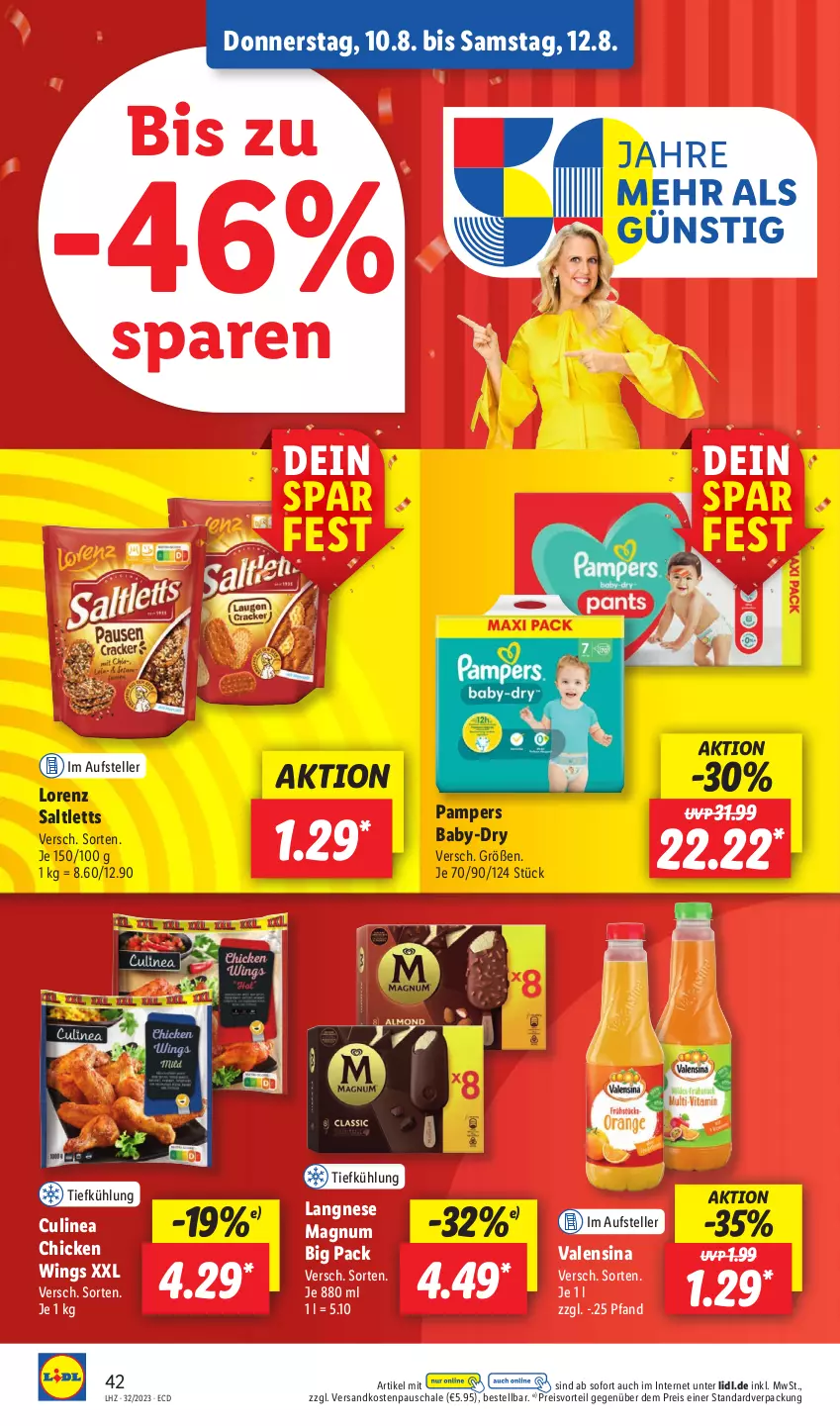 Aktueller Prospekt Lidl - Aktionsprospekt - von 07.08 bis 12.08.2023 - strona 52 - produkty: baby-dry, chicken wings, eis, elle, langnese, lorenz, magnum, ndk, pampers, preisvorteil, reis, saltletts, Schal, Schale, teller, Ti, valensina