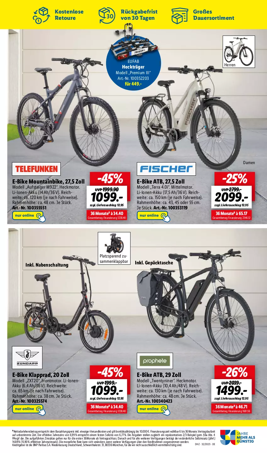 Aktueller Prospekt Lidl - Aktionsprospekt - von 07.08 bis 12.08.2023 - strona 59 - produkty: akku, auer, dell, E-Bike, eis, elle, erde, eufab, Heckträger, Klapprad, Mode, Mountainbike, ndk, reis, rwe, Schal, Tasche, Ti