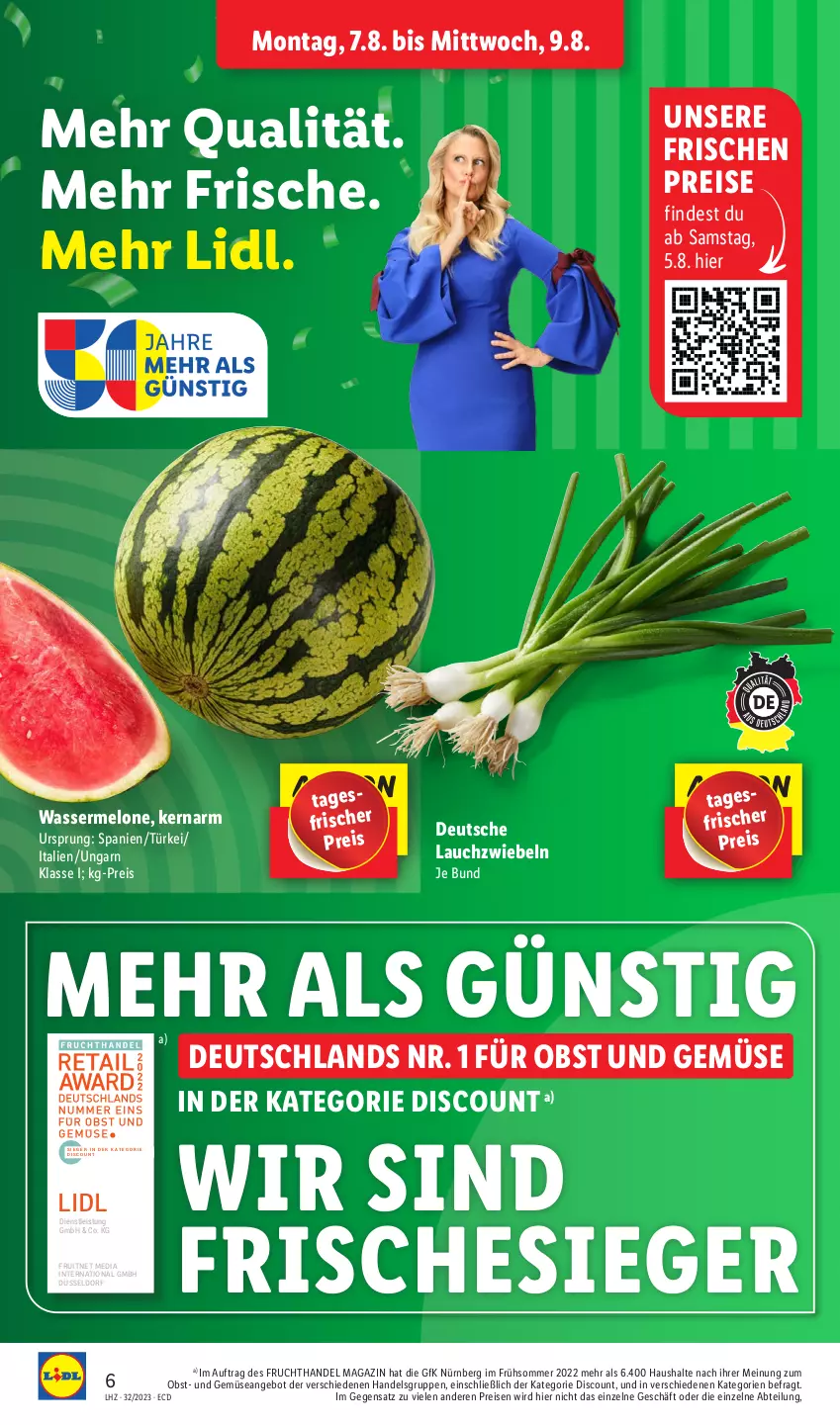 Aktueller Prospekt Lidl - Aktionsprospekt - von 07.08 bis 12.08.2023 - strona 6 - produkty: Abtei, angebot, discount, eis, ente, frucht, Lauchzwiebel, lauchzwiebeln, magazin, melone, obst, Obst und Gemüse, reis, Ti, und gemüse, wasser, wassermelone, zwiebel, zwiebeln