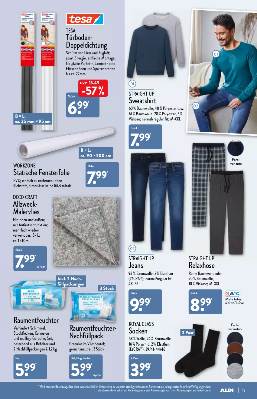 Aktueller Prospekt Aldi Nord - Aldi-Aktuell - von 10.01 bis 15.01.2022 - strona 13 - produkty: aldi, Bau, baumwolle, Behälter, beutel, Brei, fenster, gin, hose, jeans, laminat, latte, reine baumwolle, rel, Ria, rwe, shirt, socken, Sweatshirt, tesa, Ti, tisch, weck, wolle, ZTE