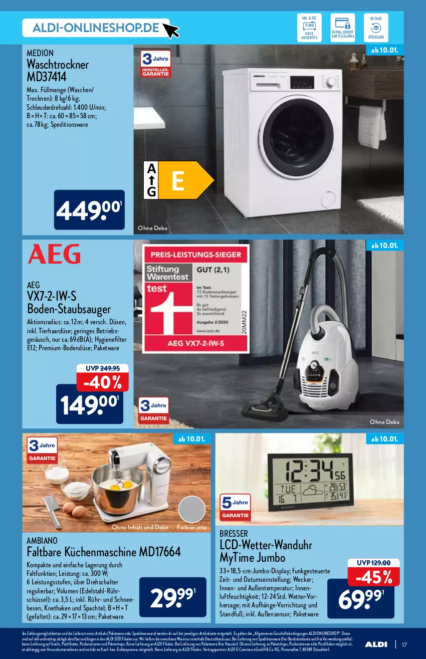 Aktueller Prospekt Aldi Nord - Aldi-Aktuell - von 10.01 bis 15.01.2022 - strona 17 - produkty: aeg, aldi, ambia, angebot, angebote, aust, edelstahl, eis, elle, ente, erde, hygienefilter, jumbo, küche, Küchen, küchenmaschine, LG, Liege, medion, Ria, ring, Rührschüssel, rwe, Schal, Schneebesen, schüssel, spachtel, staubsauger, Ti, Trockner, uhr, wanduhr, waschtrockner, weck