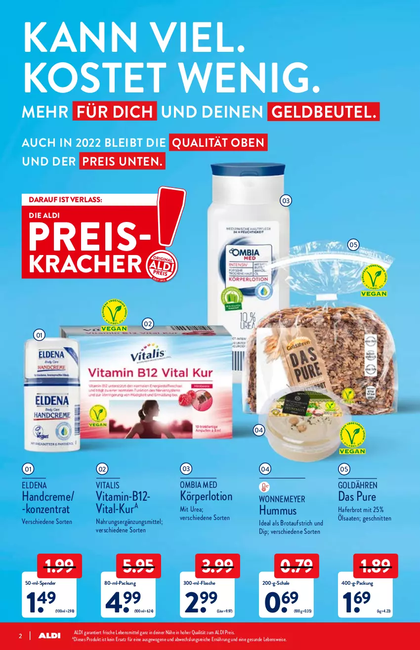 Aktueller Prospekt Aldi Nord - Aldi-Aktuell - von 10.01 bis 15.01.2022 - strona 2 - produkty: aldi, aufstrich, beutel, brot, brotaufstrich, creme, dip, eis, flasche, hafer, handcreme, hummus, Körperlotion, kracher, lebensmittel, Lotion, reis, Schal, Schale, schnitten, Ti, vita, vitalis