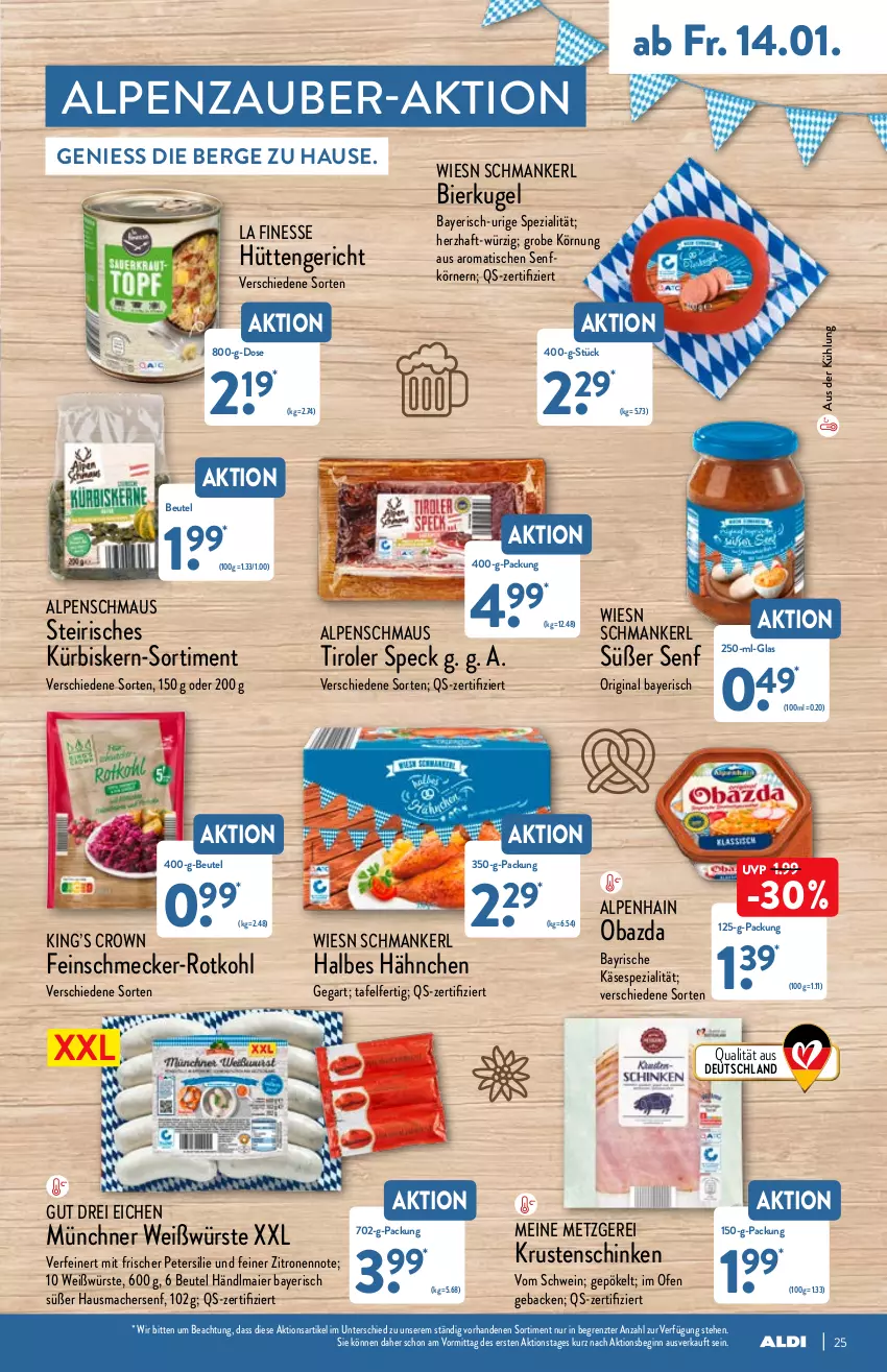 Aktueller Prospekt Aldi Nord - Aldi-Aktuell - von 10.01 bis 15.01.2022 - strona 25 - produkty: beutel, bier, feinschmecker, finesse, geback, gin, händlmaier, Hausmacher, Käse, Krustenschinken, Kugel, Kürbis, mac, Maus, obazda, Ofen, petersilie, rotkohl, schinken, schwein, senf, Speck, Spezi, Ti, tisch, wein, zitrone, zitronen, ZTE